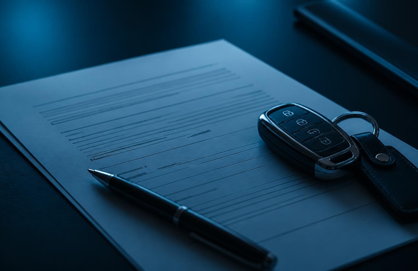 Contrato de financiamento de veículo e chave sobre a mesa